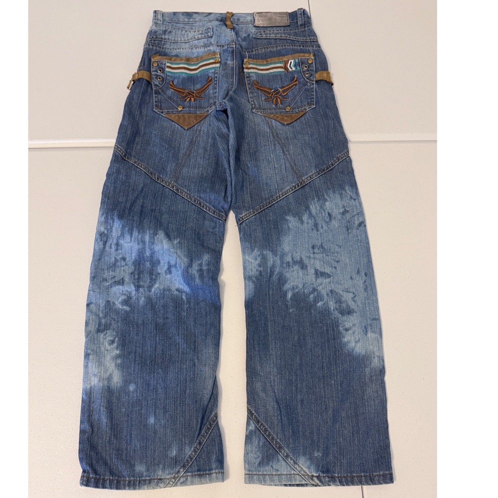 Rocawear Mens Y2K Acid Wash Wide Leg Blue Denim Jeans Embroidered Pockets 29 k3